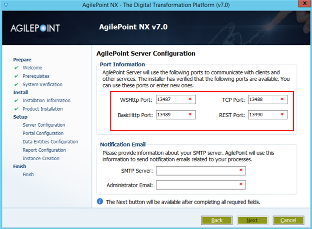 AgilePoint Server Configuration Port Information screen