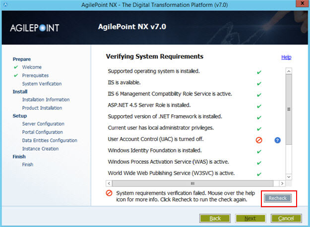 Verifying System Requirements Error screen AgilePoint Server