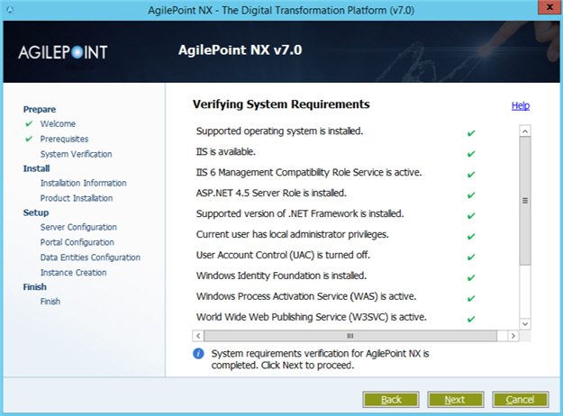 Verifying System Requirements screen AgilePoint Server