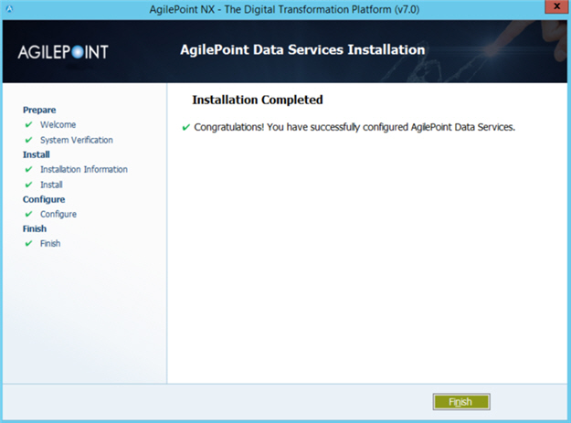 AgilePoint Data Services Installation Completed Message screen
