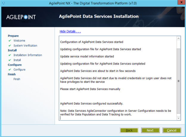 AgilePoint Data Services Installation Completed screen