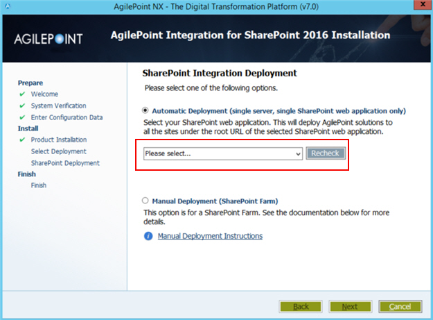 SharePoint Integration Automatic Deployment screen