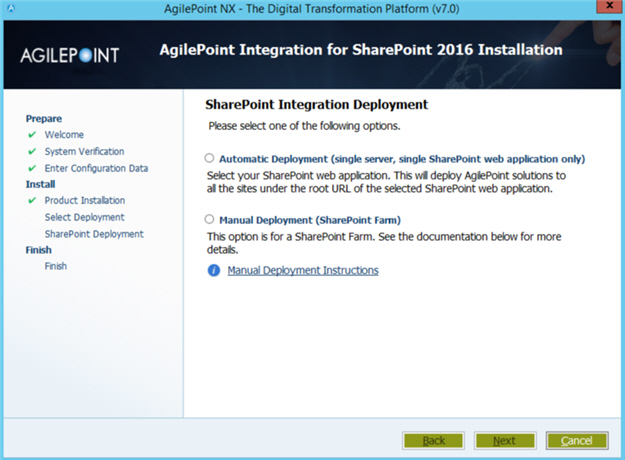 SharePoint Integration Deployment screen