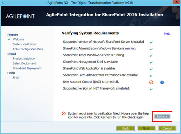 Verifying System Requirements Error screen SharePoint