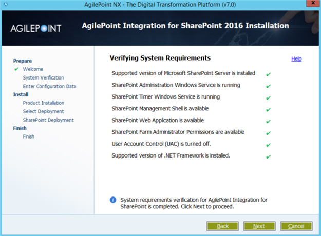 Verifying System Requirements screen SharePoint