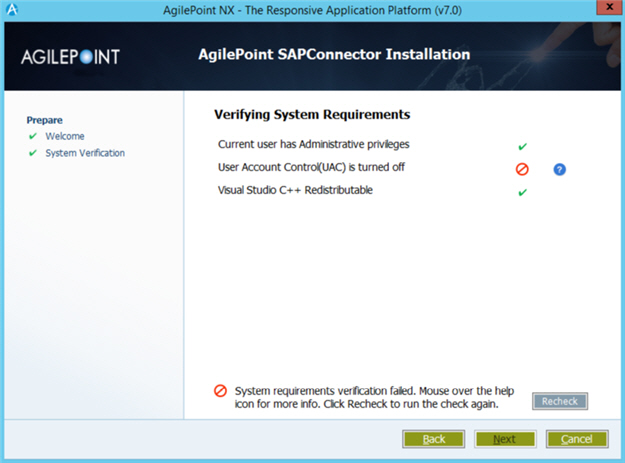 Verifying System Requirements screen SAP Connector