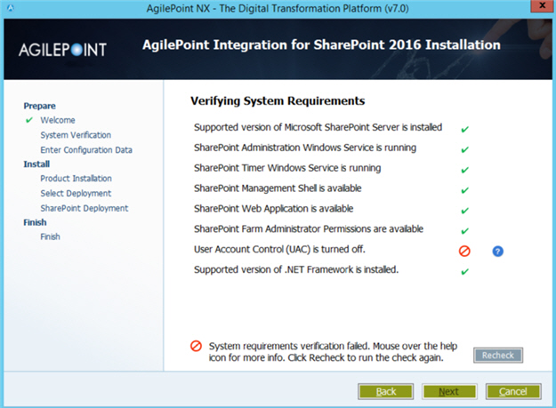 Verifying System Requirements screen SharePoint 2016
