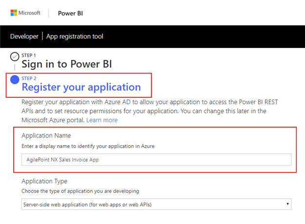 Register your application for Power BI screen