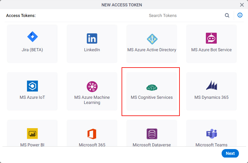 Select MS Cognitive Services App Token