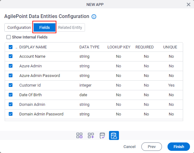 AgilePoint Data Entities Configuration Fields tab