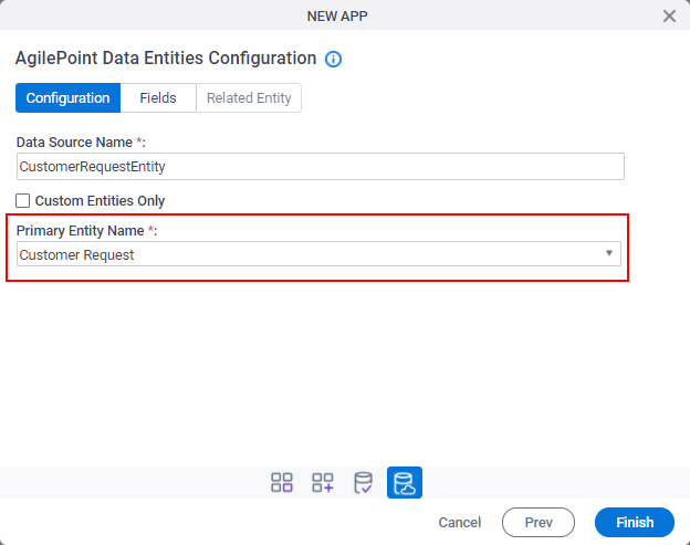AgilePoint Data Entities Configuration Primary Entity Name screen