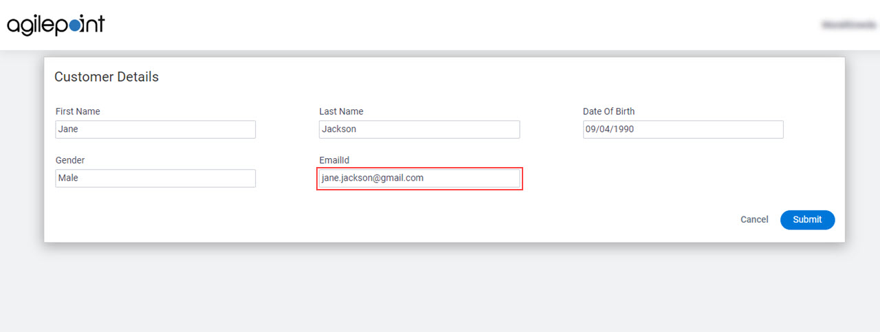 Customer Details Form Email ID screen