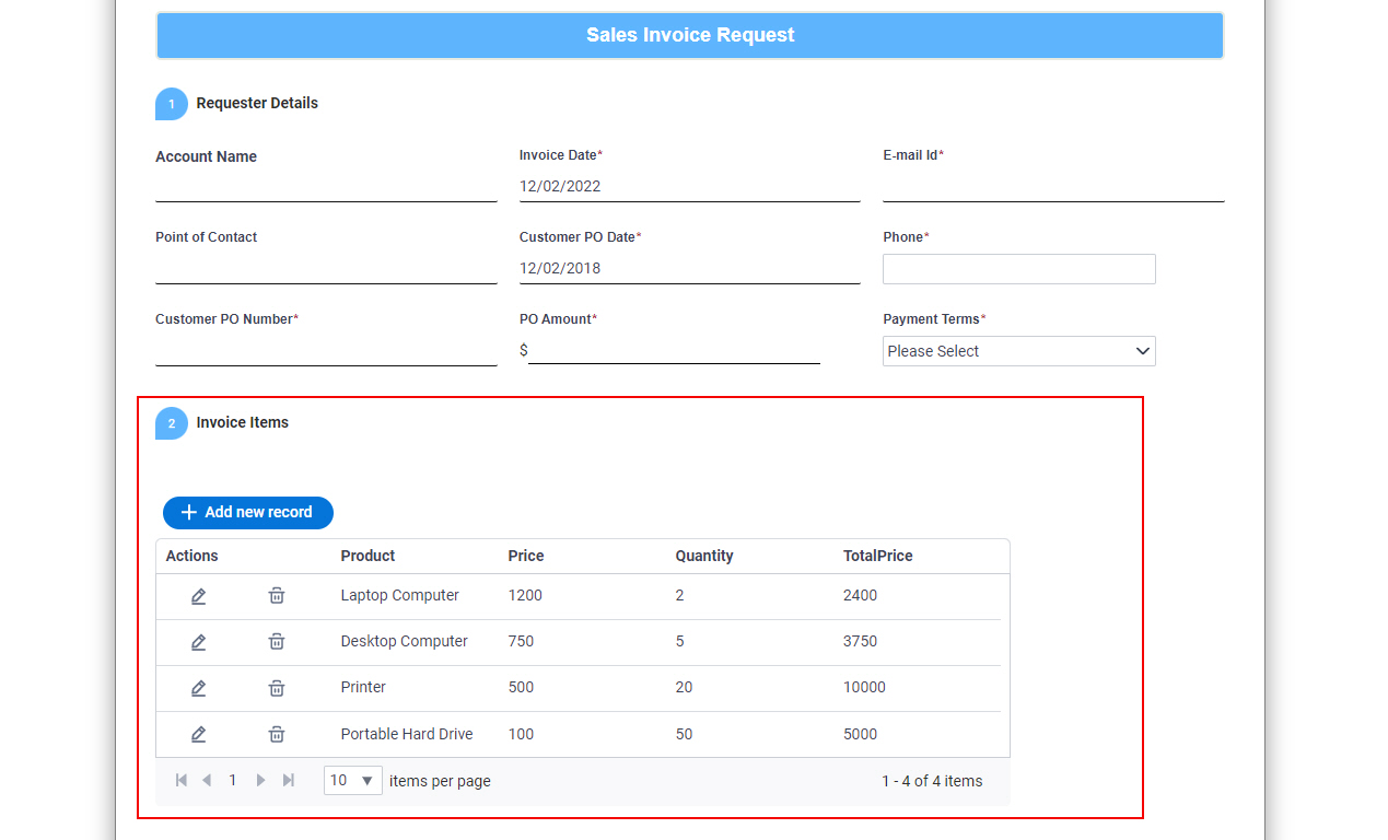 Sales Invoice Request form