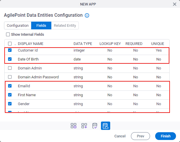 AgilePoint Data Entities Configuration Fields List screen
