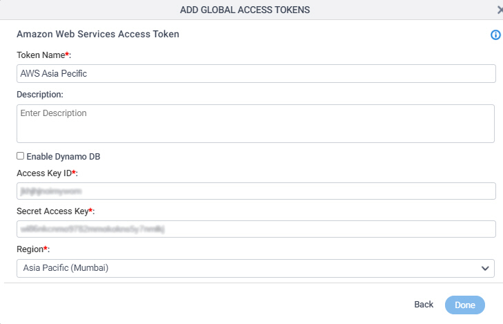 Amazon Web Services Access Token Configuration screen