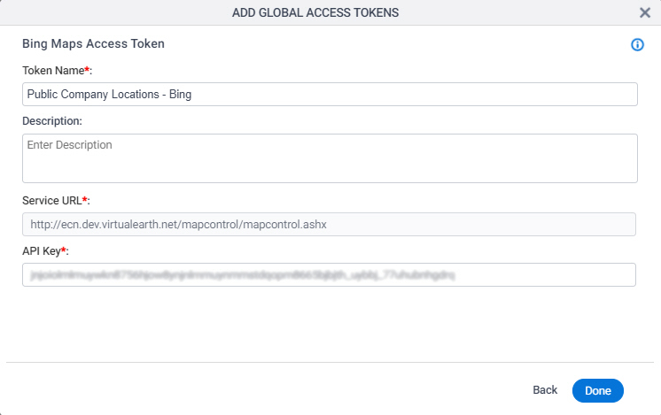 Bing Maps Access Token Configuration screen