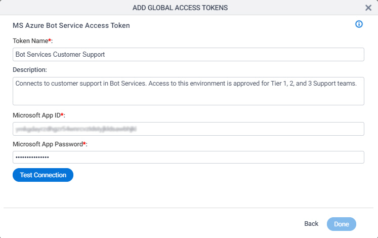Azure Bot Services Access Token Configuration screen