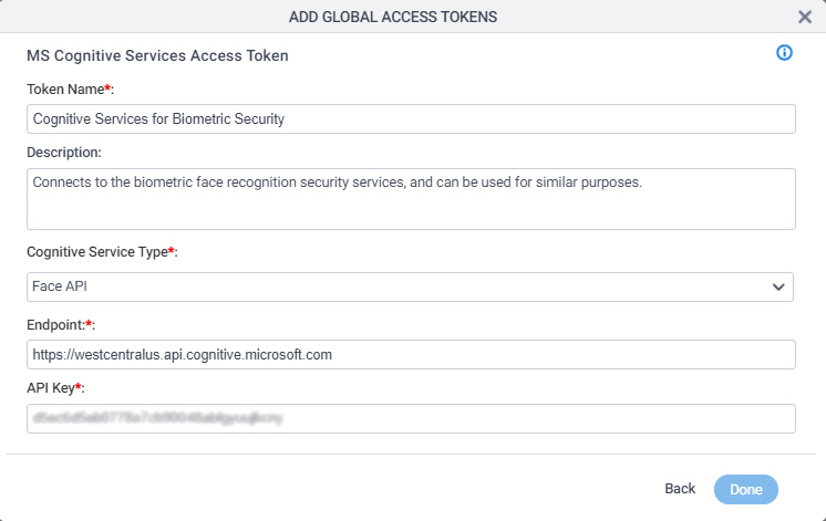 Microsoft Cognitive Services Access Token Configuration screen