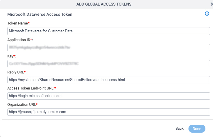 Common Data Service Access Token Configuration screen