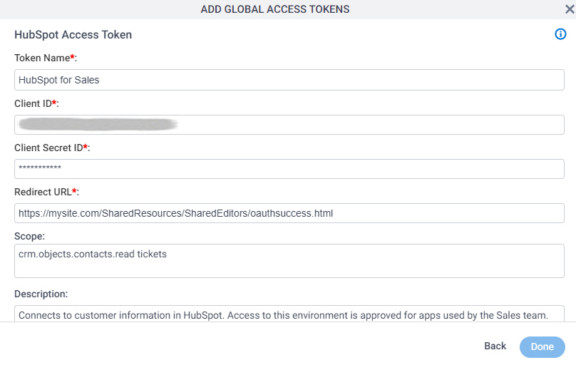 HubSpot Access Token Configuration screen