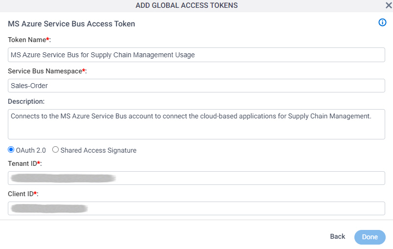 MS Azure Service Bus Access Token Configuration screen