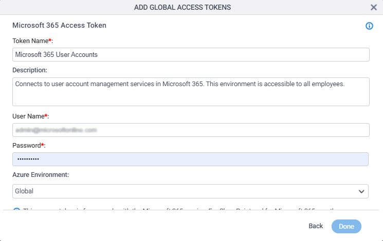 Office 365 Access Token Configuration screen