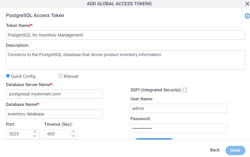 PostgreSQL Access Token Configuration screen