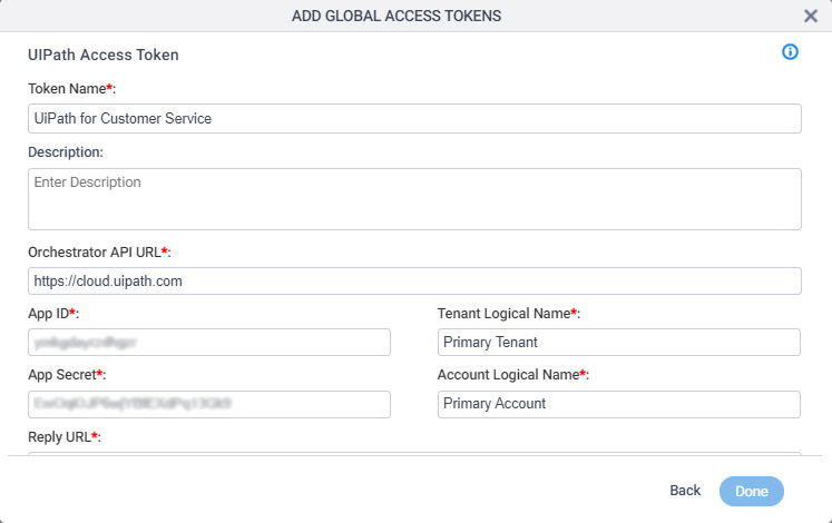 UiPath Access Token Configuration screen