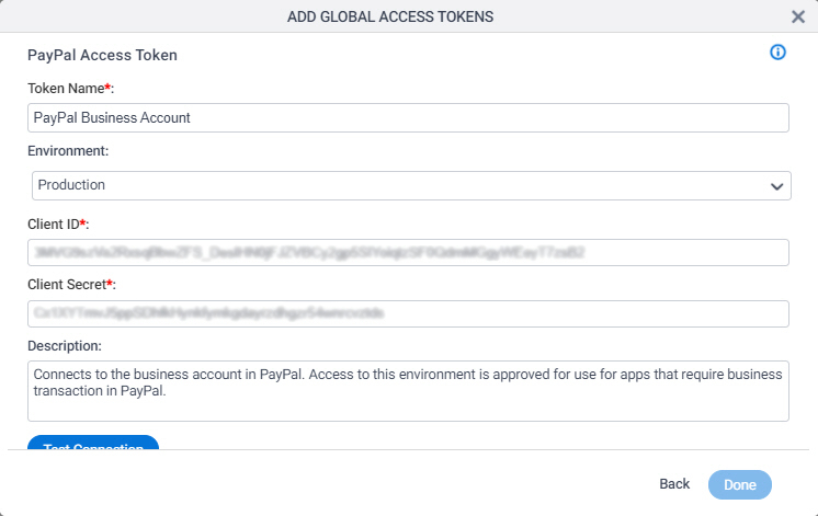 PayPal Access Token Configuration screen