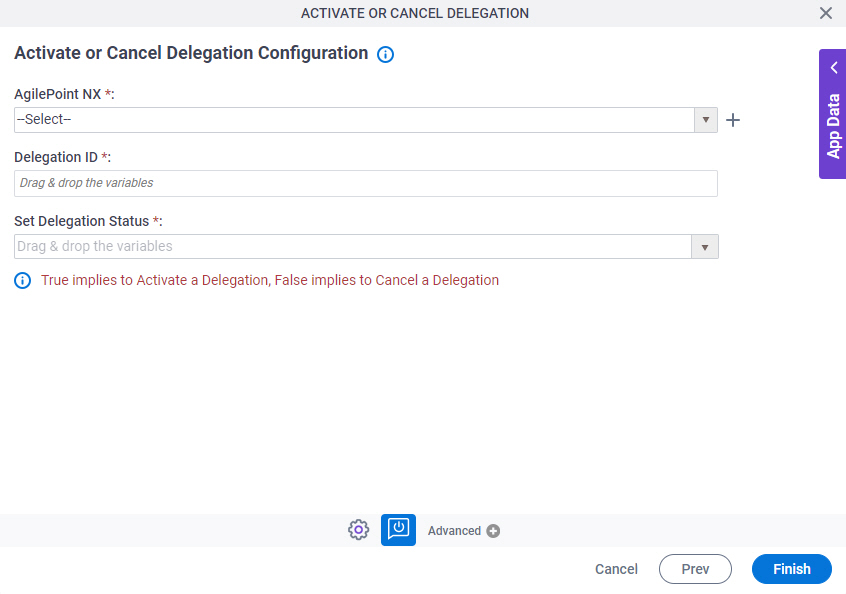 Activate or Cancel Delegation Configuration screen