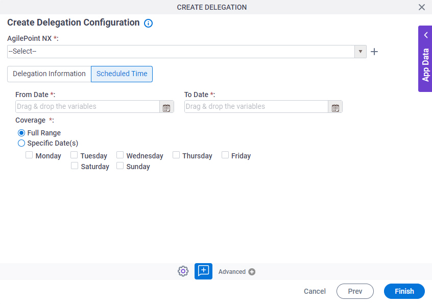 Create Delegation Configuration Scheduled Time tab