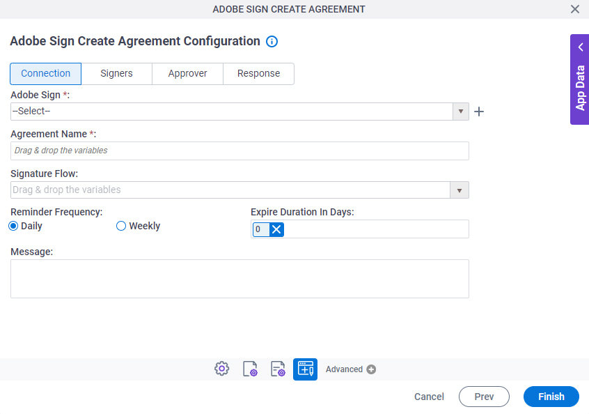 Adobe Sign Create Agreement Configuration Connection tab