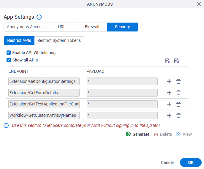 Restrict APIs tab