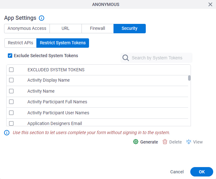 Restrict System Tokens tab