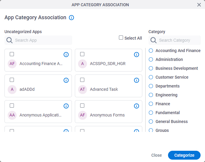 App Category Association screen