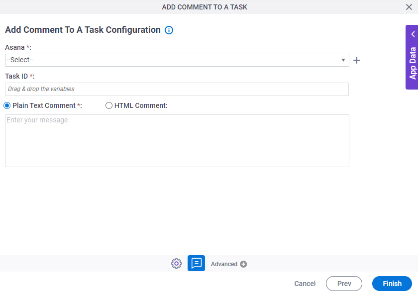 Add Comment To A Task Configuration screen