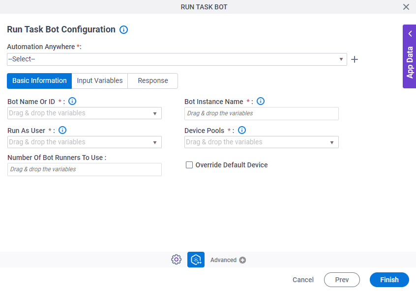 Run Task Bot Configuration Basic Information tab