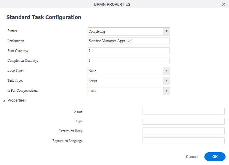 Start Task Configuration screen
