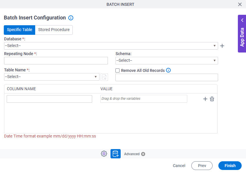 Batch Insert Configuration Specific Table tab