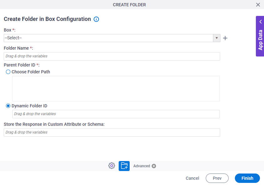 Create Folder in Box Configuration screen