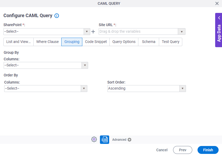 Configure CAML Query Grouping tab