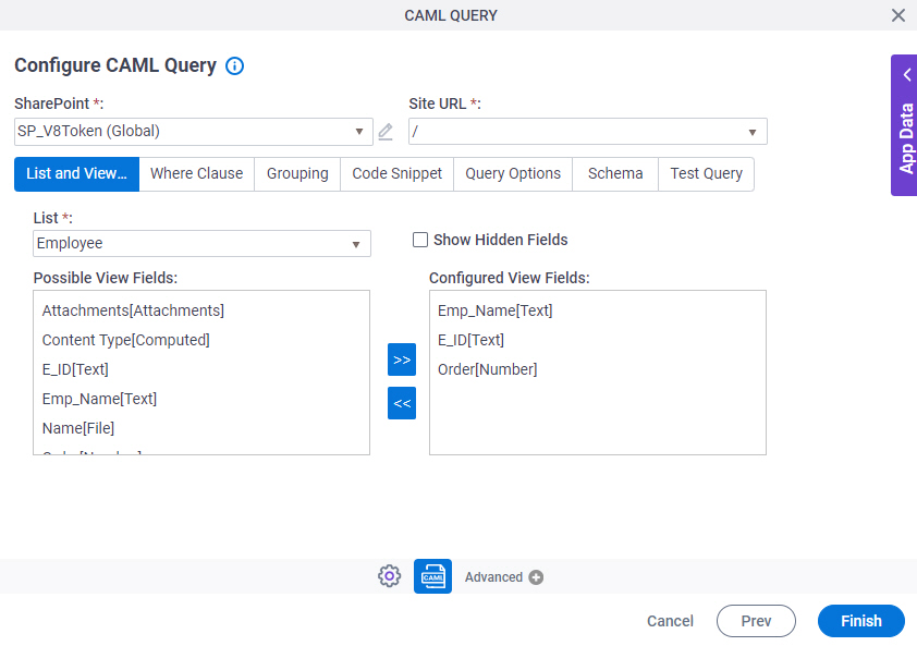Configure CAML Query List and View Fields tab