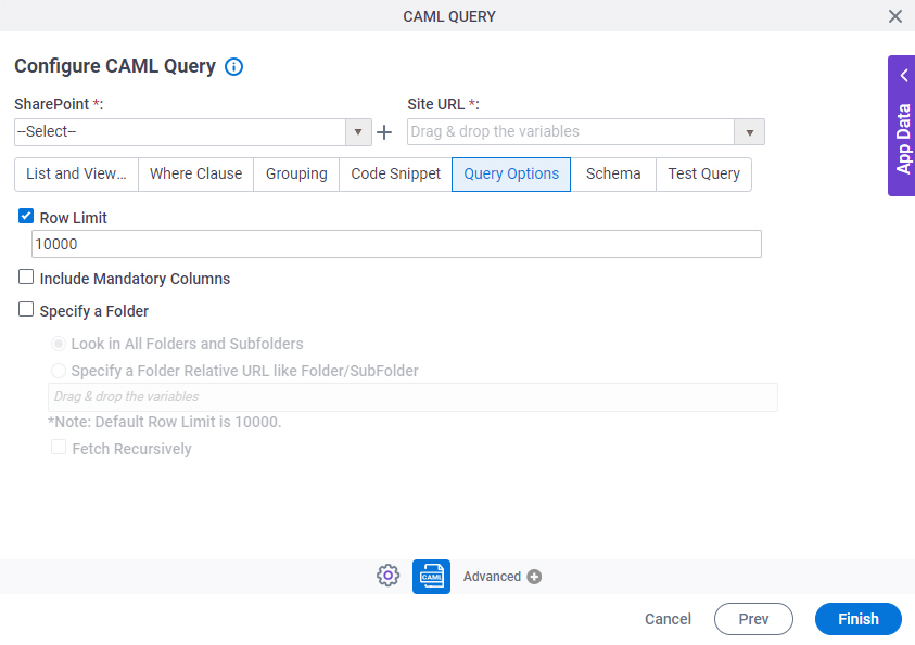 Configure CAML Query Query Options tab