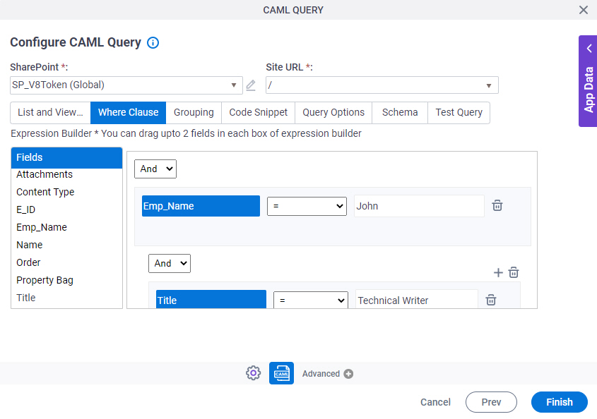 Configure CAML Query Where Clause tab