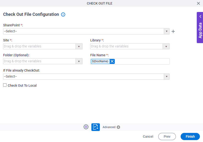 Check Out File Configuration screen