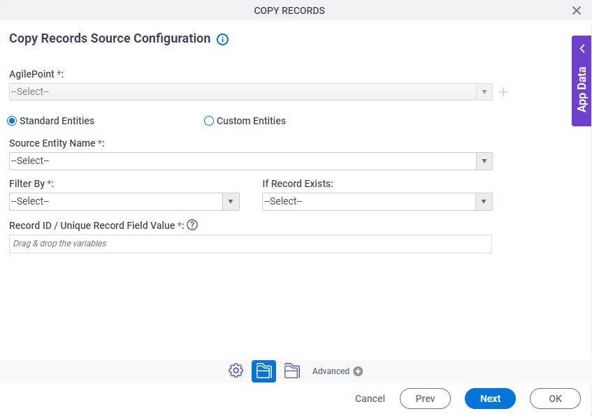 Copy Record Source Configuration screen