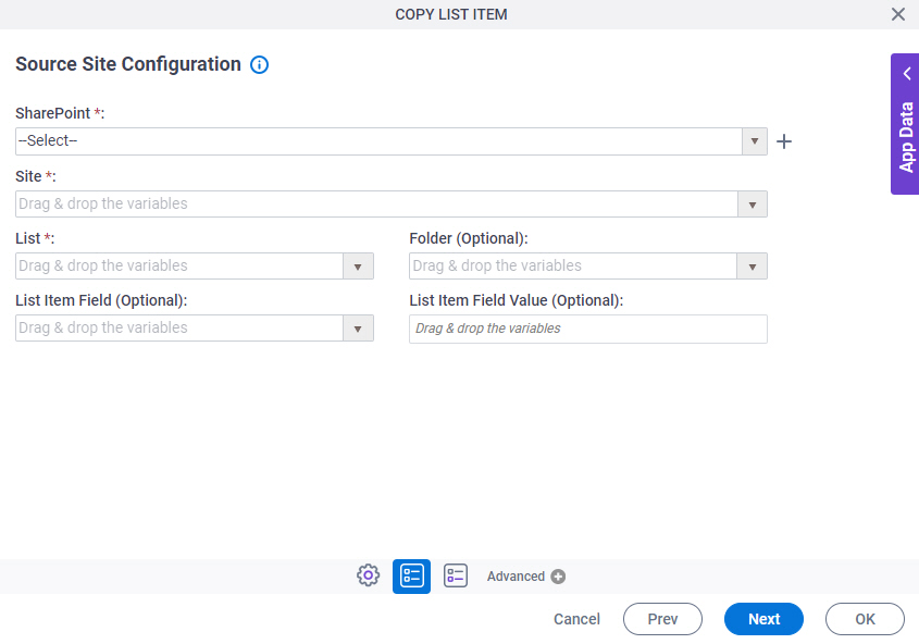 Source Site Configuration screen