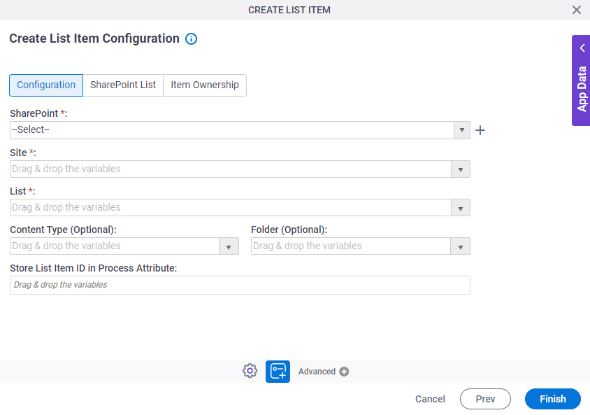 Create List Item Configuration Configuration tab