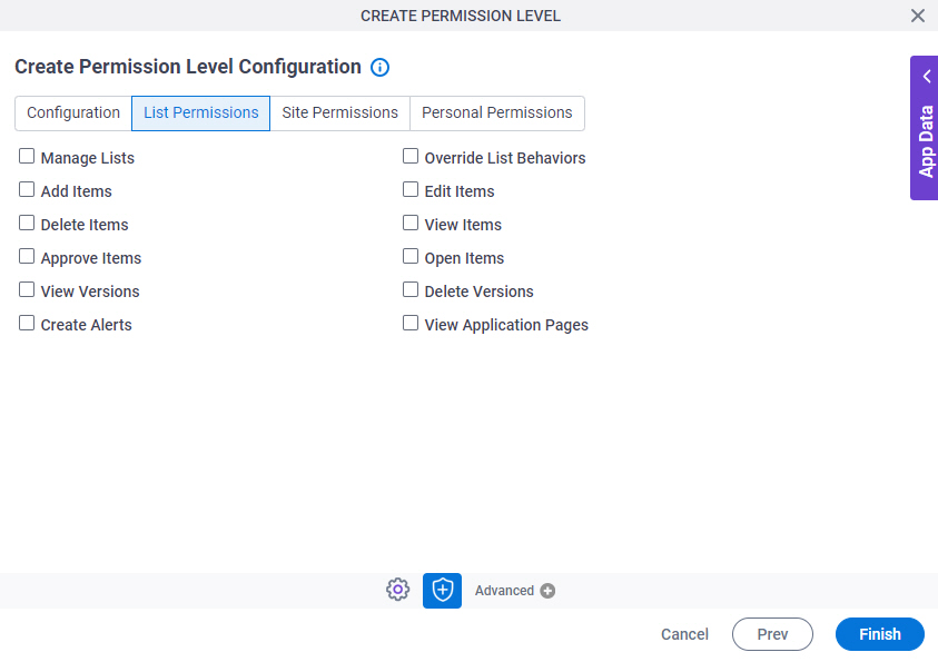 Create Permission Level Configuration List Permissions tab