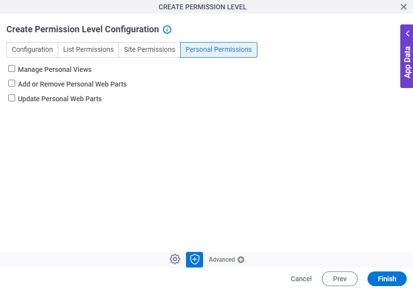 Create Permission Level Configuration Personal Permissions tab